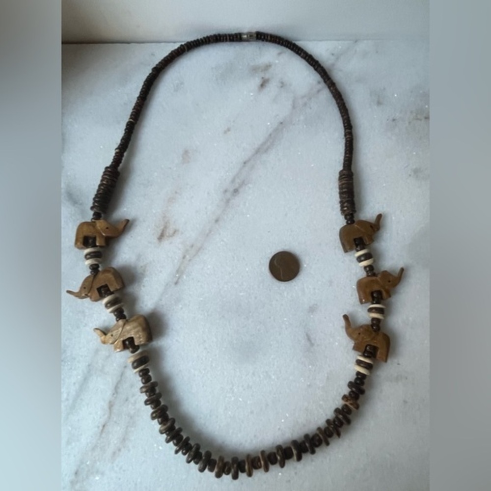 Wood Animal Bead Necklace Hand Carved Elephant Wooden Jewelry 28” Boho